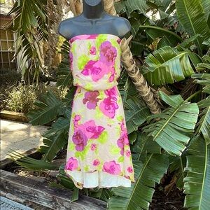 Pure silk floral strapless, asymmetric or Hilow dress